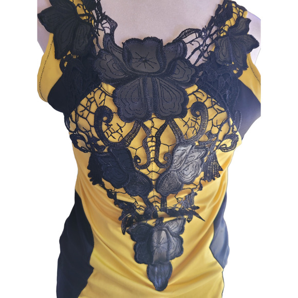 Heramay Korean Yellow Black Lace Applique Bodycon Mini Dress Small Clubwear Sexy - Picture 2 of 10